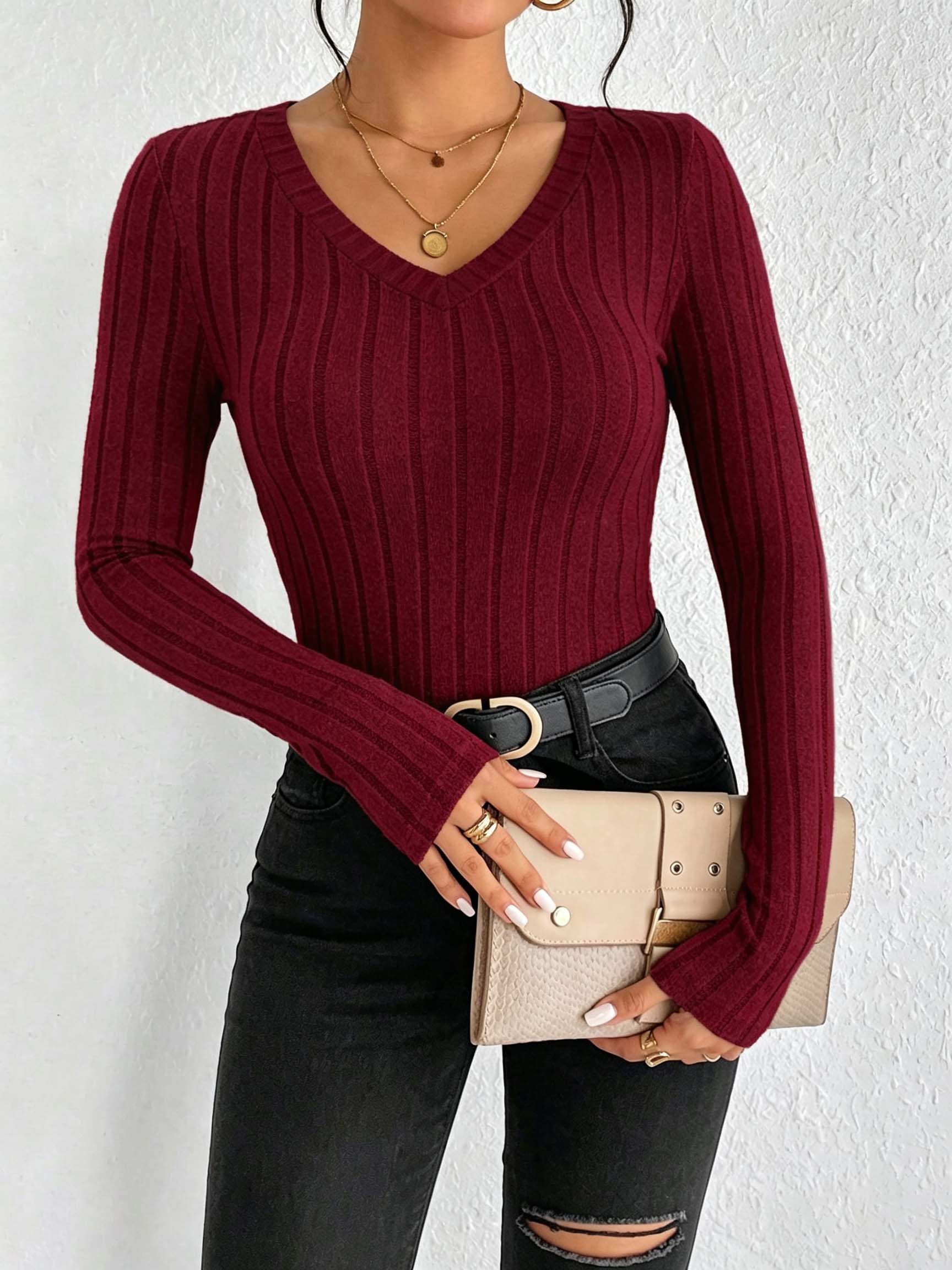 Women Solid V‑Neck Ribbed Knit - đánh giá và giá Wallpaper